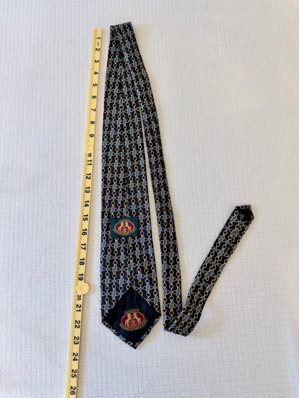 Vintage Paolo Gucci Classico Tie Blue Gold Silk Equestrian design Italy Designer - Picture 5 of 6